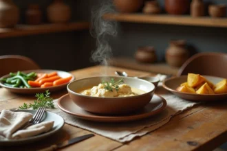 Accompagnement poulet à la crème avec légumes rôtis et pommes de terre dorées sur table en bois rustique