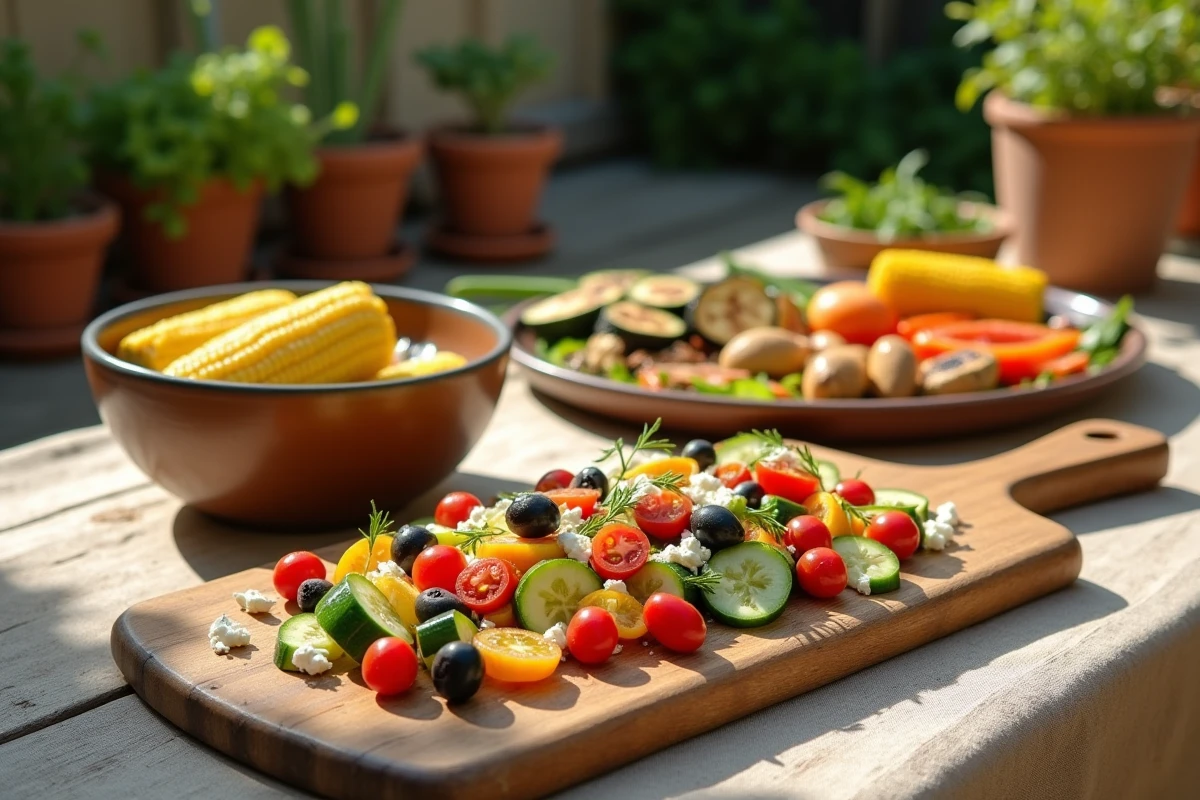 Table estivale en plein air avec salade grecque, légumes grillés et épis de maïs pour accompagner un barbecue léger