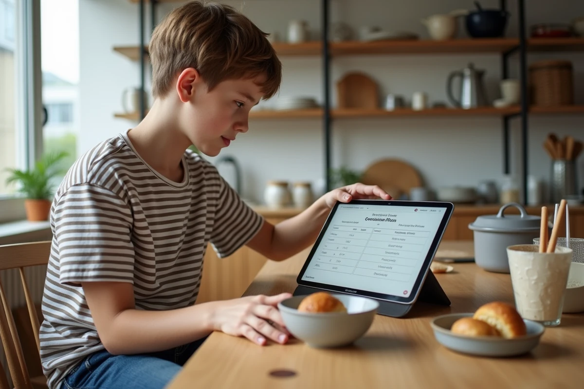 Adolescent utilisant une tablette pour la conversion en cuisine