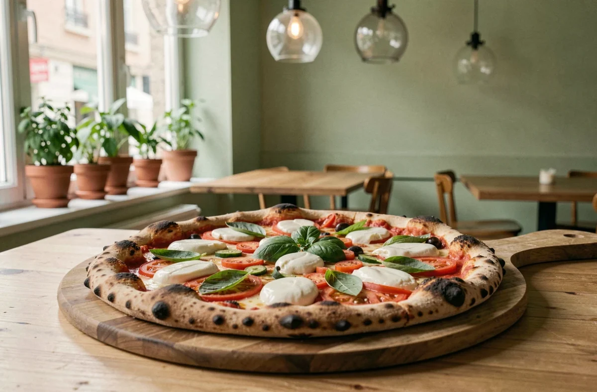 Pizza bio artisanale à l'Agapè Pizzeria Bio à Nantes avec garnitures biologiques et croûte fine dorée