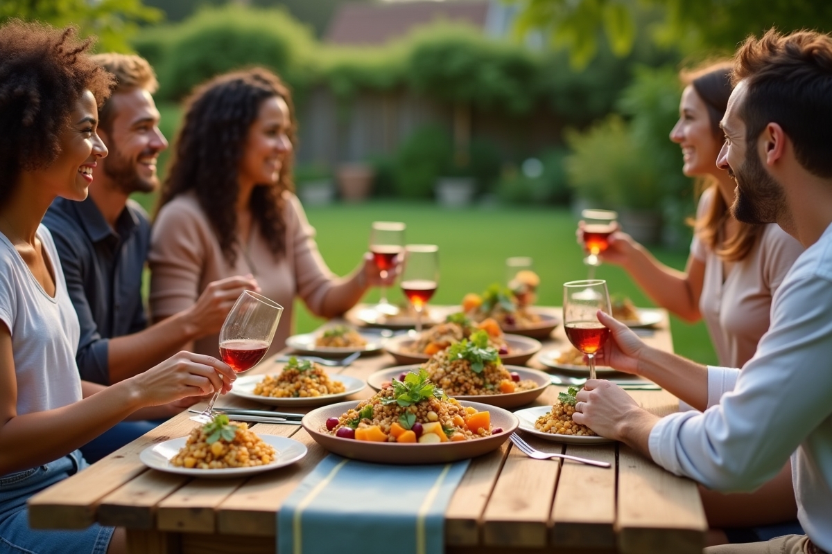 Groupe d amis partageant plats vegan en jardin
