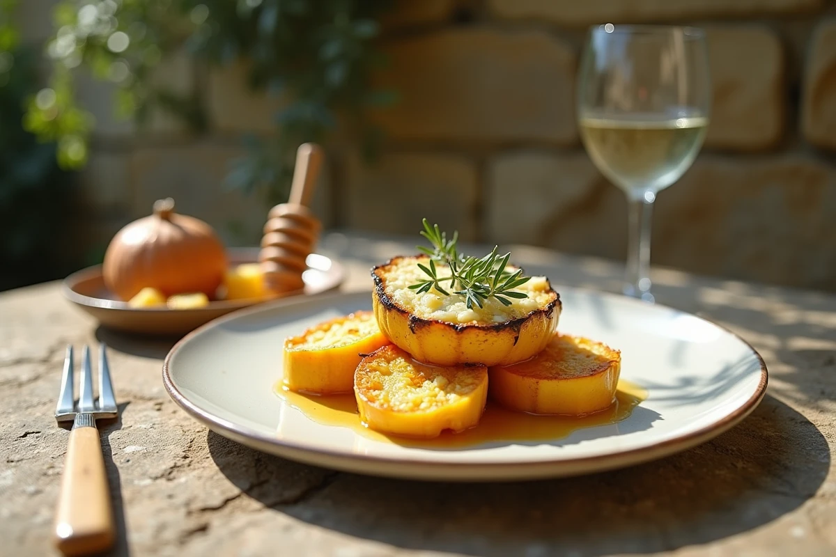 Assiette individuelle de courge longue de Nice gratinée au chèvre et miel servie en terrasse provençale