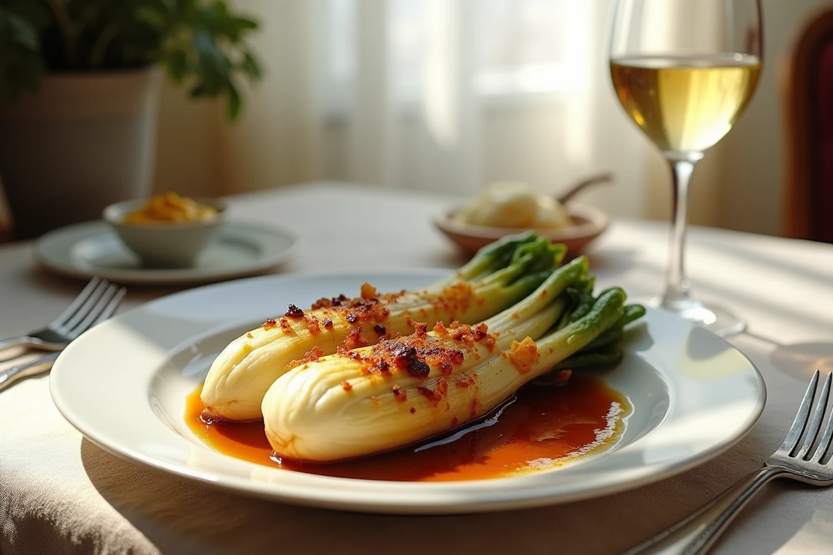 Assiette d'endives braisées à la cocotte minute servies sur une table de bistrot français avec moutarde