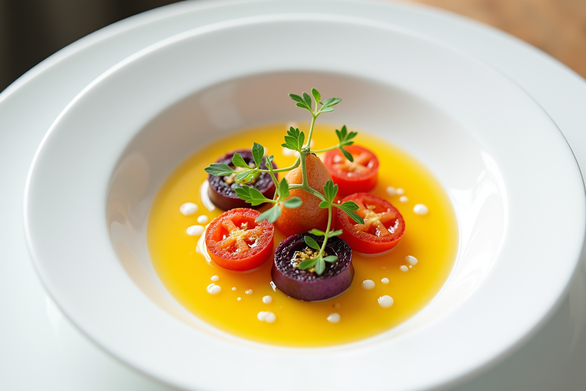 Assiette gourmet avec veloute et tomates V en cuisine moderne