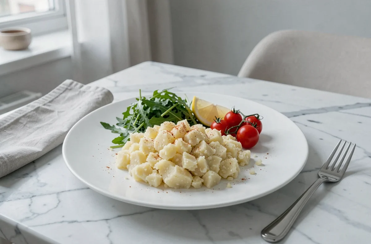 Assiette de pommes de terre écrasées légères avec salade de roquette et tomates cerises sur table en marbre