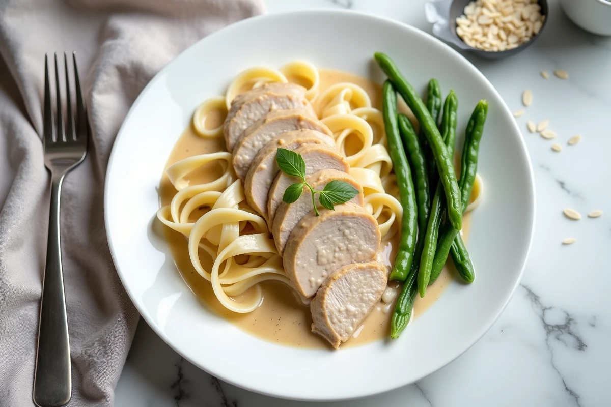 Assiette de poulet à la crème avec tagliatelles beurrées et haricots verts amandine présentation soignée