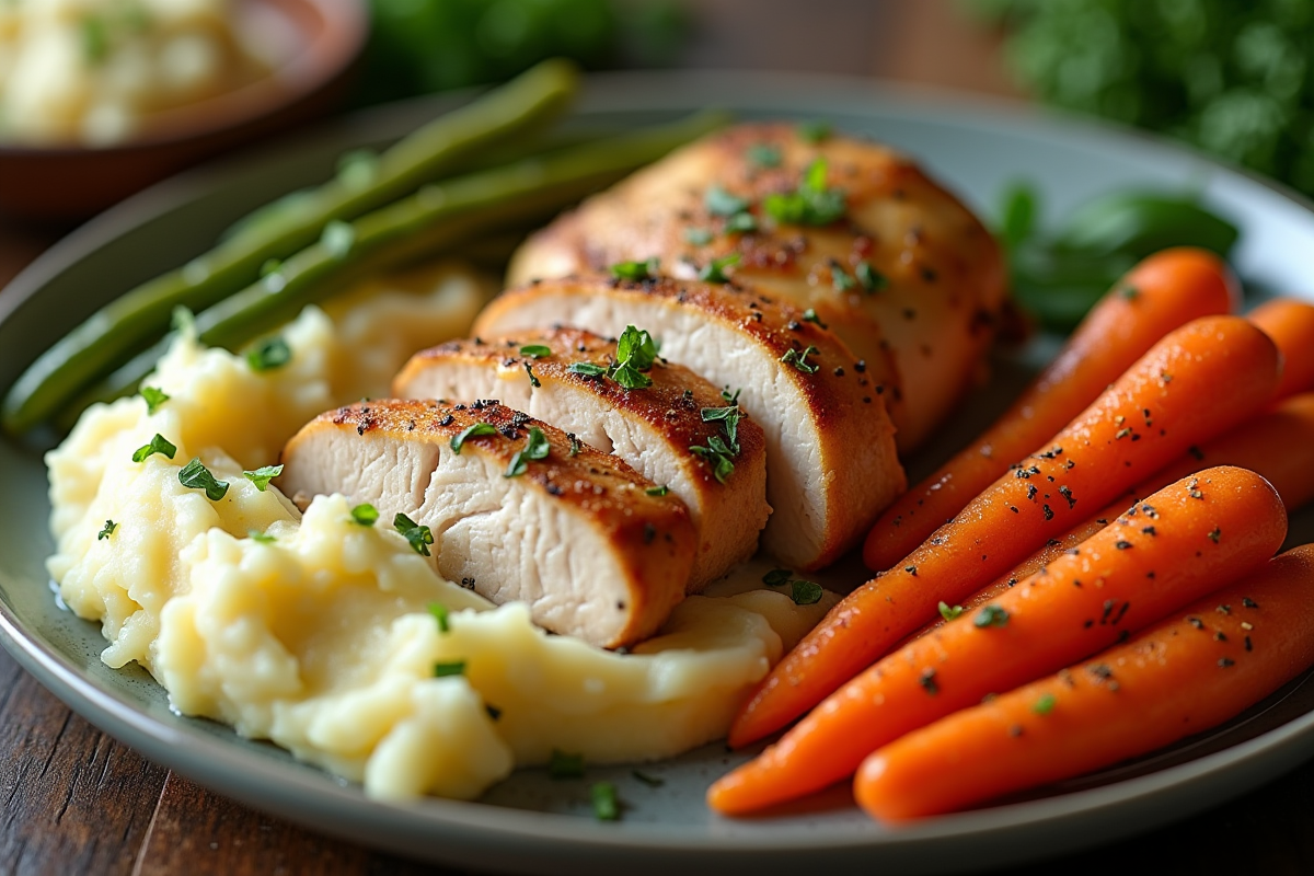 Tranches de poulet avec purée et légumes colorés