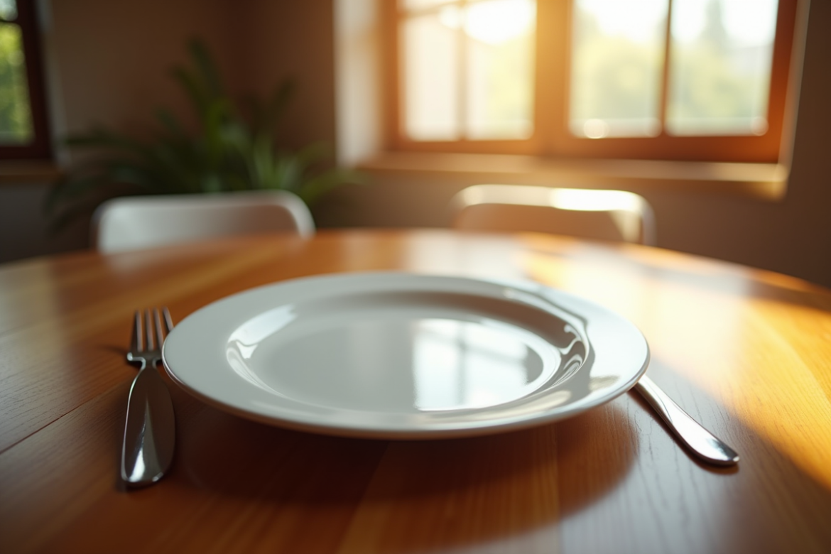 Assiette vide avec couverts sur une table en bois ensoleillée