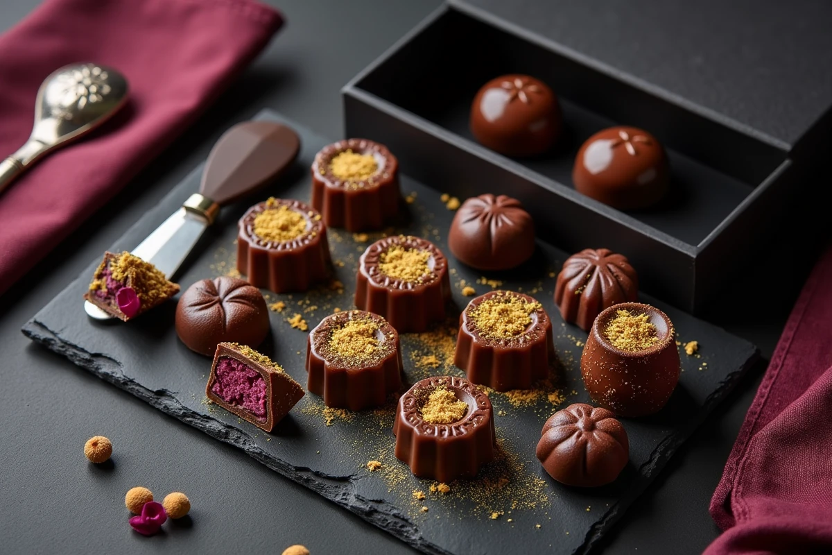 Assortiment de chocolats de luxe style Dubai avec feuille d'or et calligraphie arabe sur ardoise