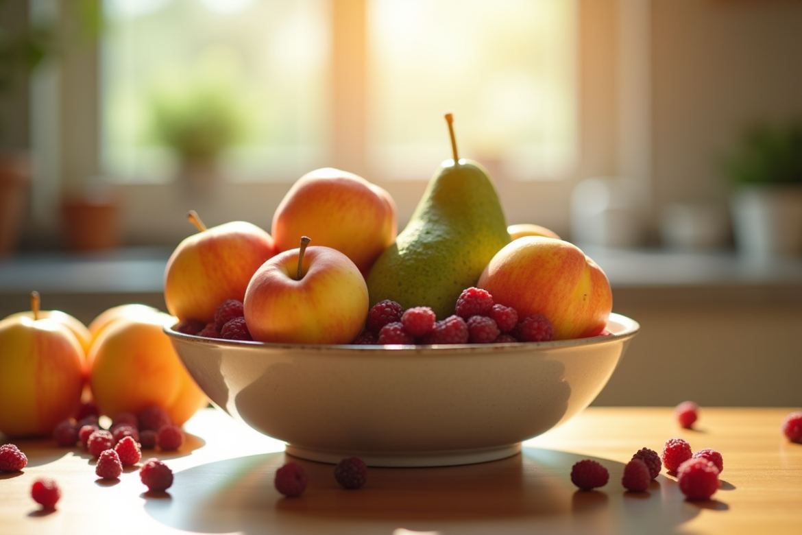 Variété de fruits frais dans un bol sur un plan de travail lumineux