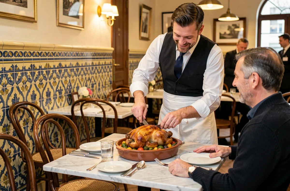 Serveur découpant un poulet rôti en salle au restaurant Au Coq en Pâte à Quimper avec faïences bretonnes au mur