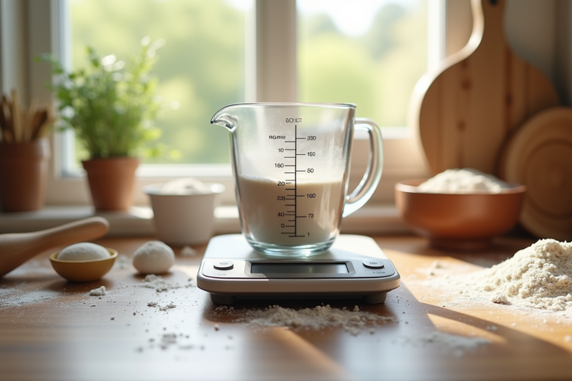 Balance de cuisine avec tasse de 40 cl et farine lumineuse