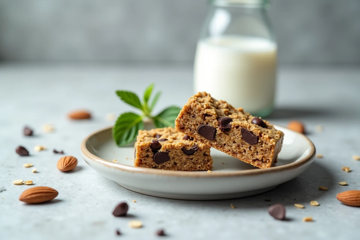 Barre de céréales vegan à l'avoine coupée en deux révélant les graines et les pépites de chocolat sur une assiette en céramique