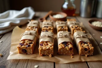 Barres de céréales maison à l'avoine vegan posées sur une table en bois rustique avec du papier kraft et de la ficelle