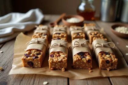 Barres de céréales maison à l'avoine vegan posées sur une table en bois rustique avec du papier kraft et de la ficelle