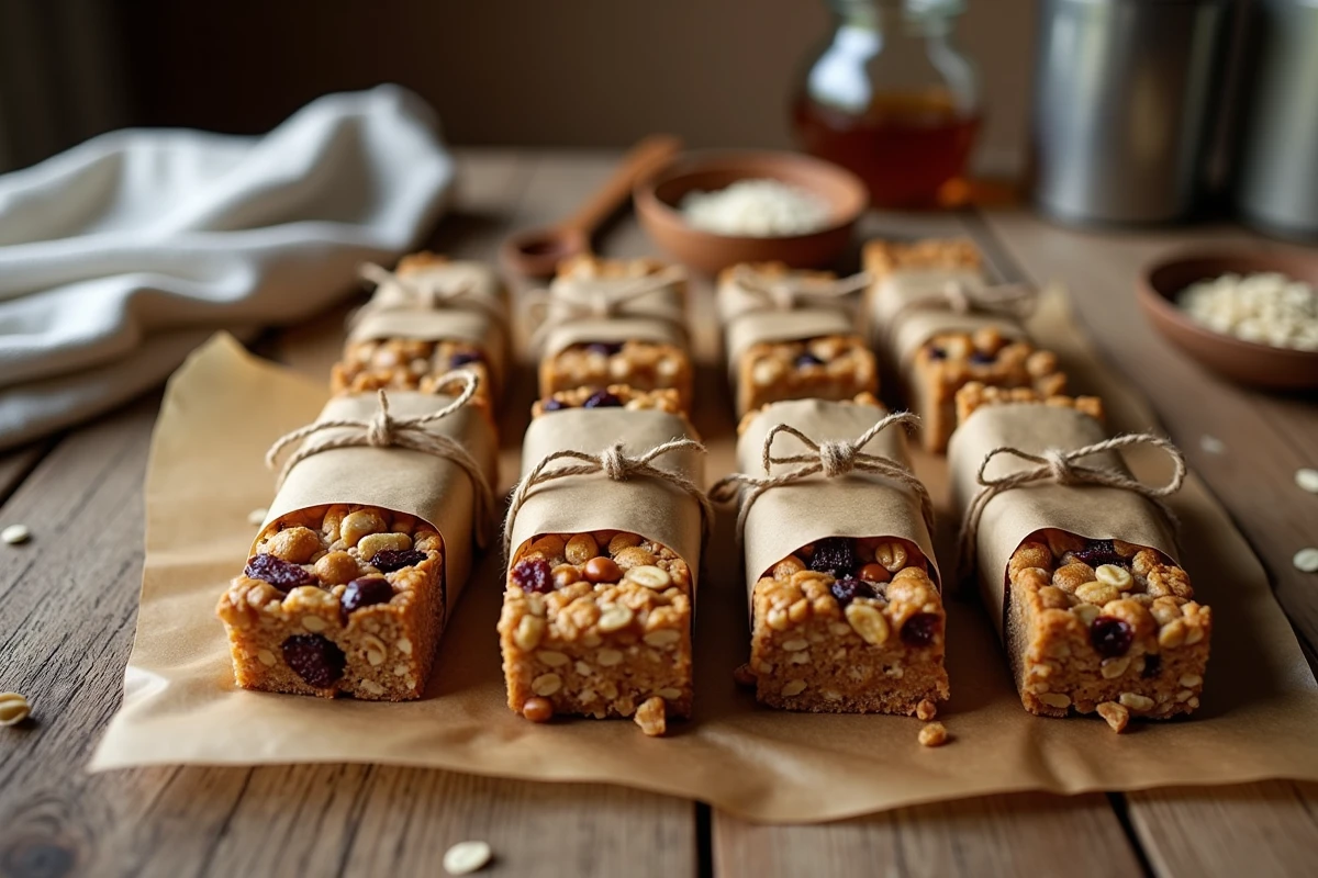 Barres de céréales maison à l'avoine vegan posées sur une table en bois rustique avec du papier kraft et de la ficelle