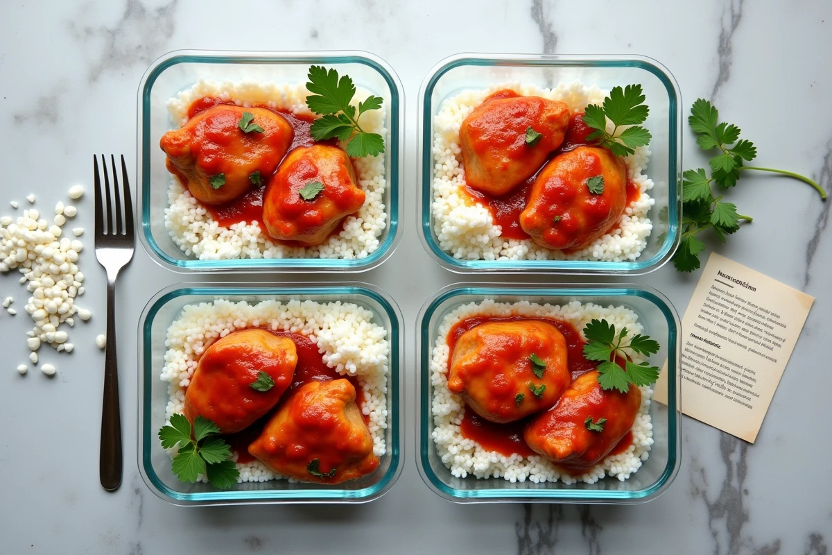 Quatre boîtes en verre préparées pour le batch cooking avec des cuisses de poulet à la tomate et du riz, vues de dessus
