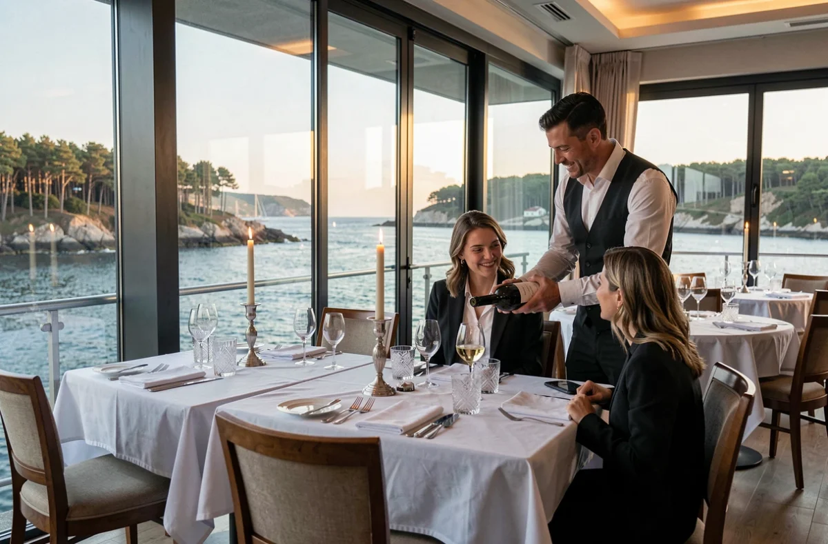 Salle panoramique du restaurant Belle Vue à Fouesnant avec vue sur la Baie de la Forêt