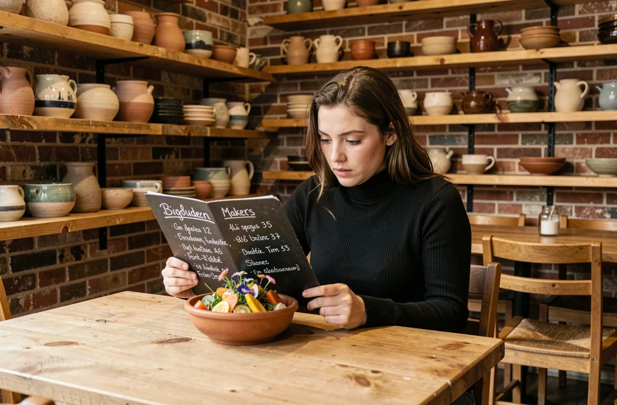 Jeune femme consultant un menu ardoise dans la salle artisanale du restaurant Bigouden Makers à Pont-l'Abbé