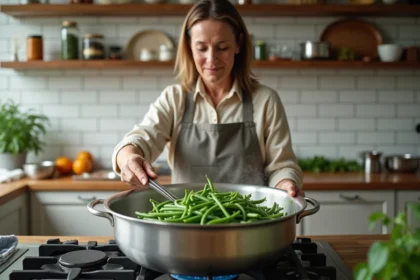 Femme blanchissant des haricots verts frais en grande quantité dans une casserole en inox dans une cuisine familiale