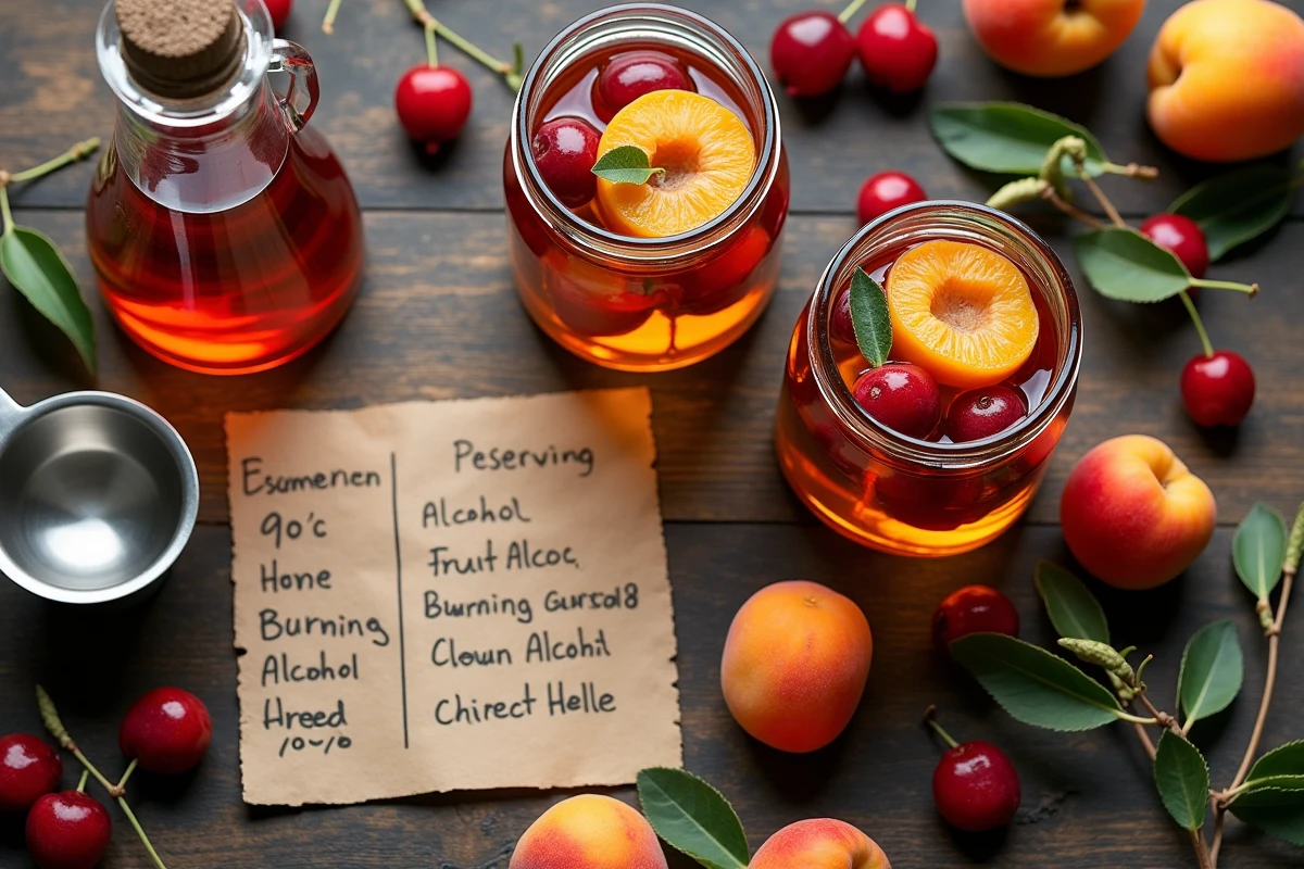 Vue aérienne de bocaux de fruits à l'alcool 90 degrés avec comparaison manuscrite des types d'alcool sur une table en bois rustique