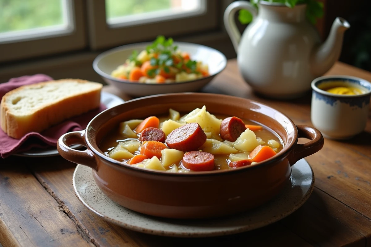 Bol de potée servi sur une table en bois rustique avec pain de campagne et moutarde de Dijon, repas familial traditionnel