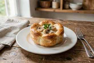 Bouchées à la reine maison garnies d'une sauce crémeuse au poulet et aux champignons sur une assiette blanche en céramique