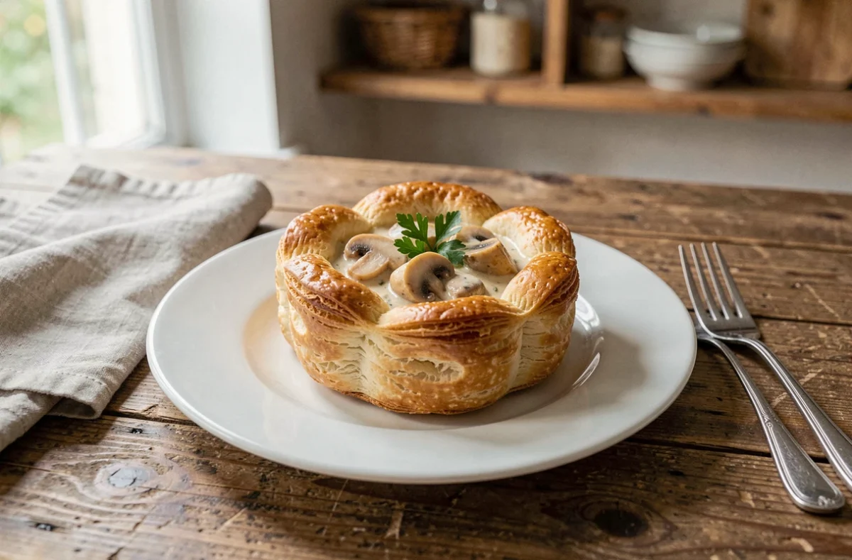 Bouchées à la reine maison garnies d'une sauce crémeuse au poulet et aux champignons sur une assiette blanche en céramique