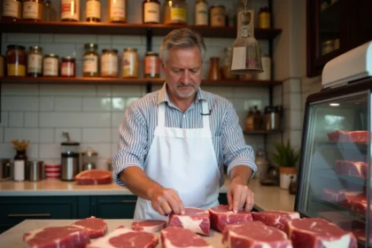 Boucher professionnel arrangeant des pièces de viande fraîche derrière le comptoir d'une boucherie traditionnelle française
