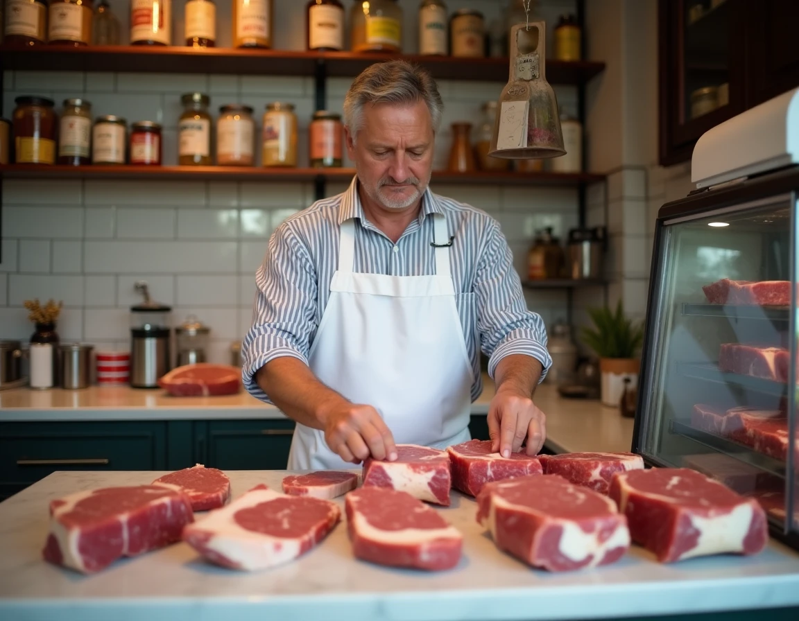 Boucher professionnel arrangeant des pièces de viande fraîche derrière le comptoir d'une boucherie traditionnelle française