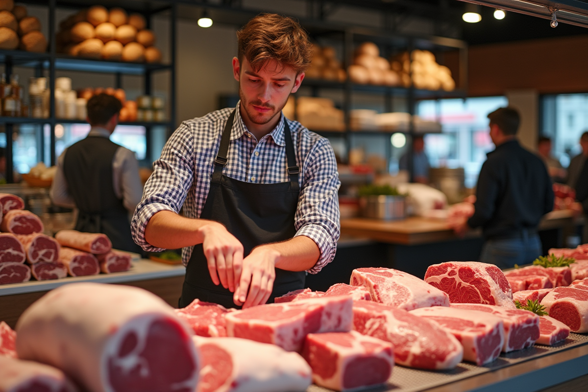 Boucher allemand préparant des viandes fraîches au marché