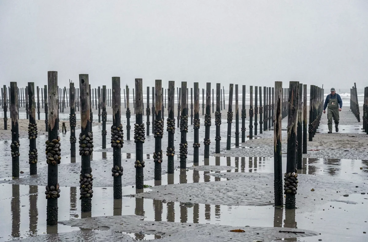 Rangées de pieux de mytiliculture à marée basse sur l'estran, moules de bouchot accrochées aux bouchots en bord de mer normand