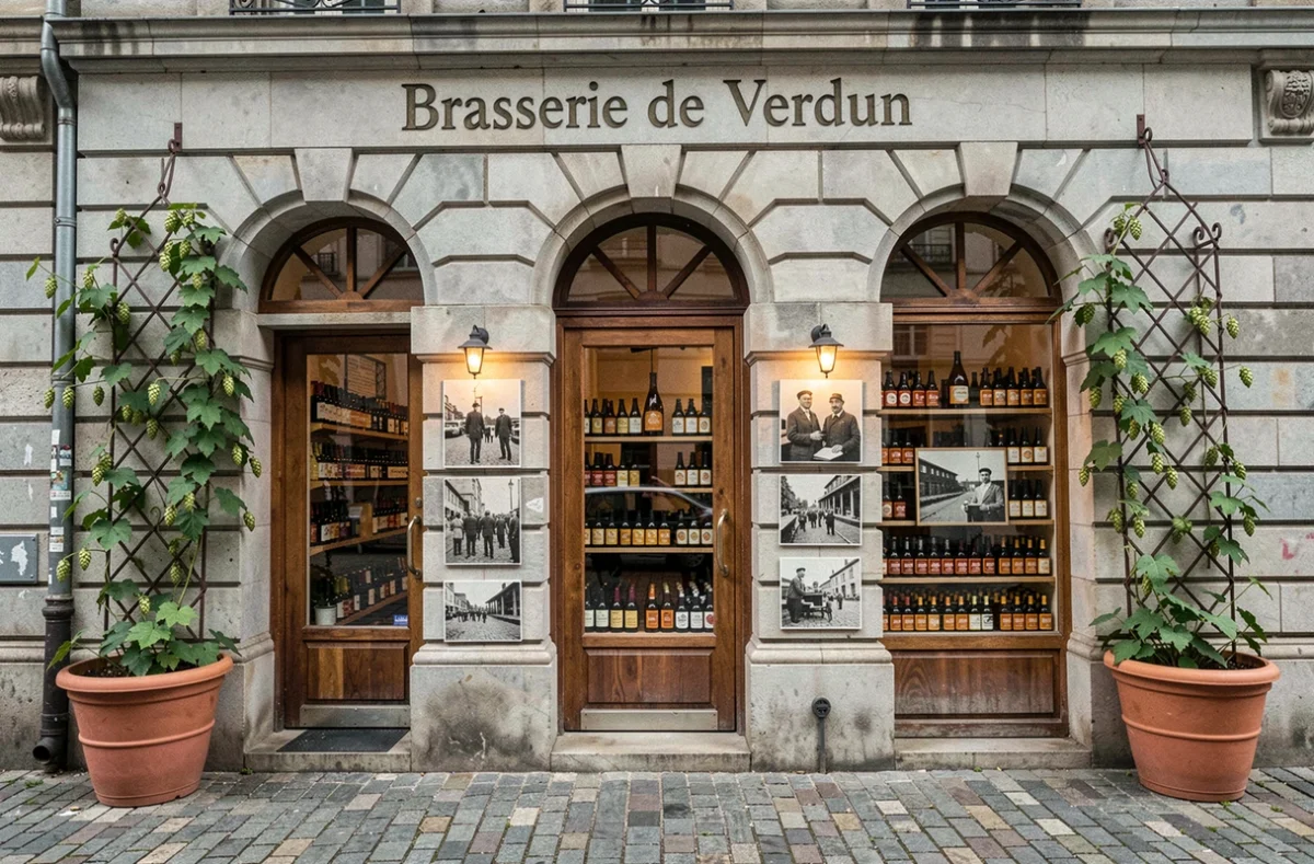 Façade en pierre historique de la Brasserie de Verdun avec fenêtres en arc, houblon grimpant et bouteilles exposées en vitrine