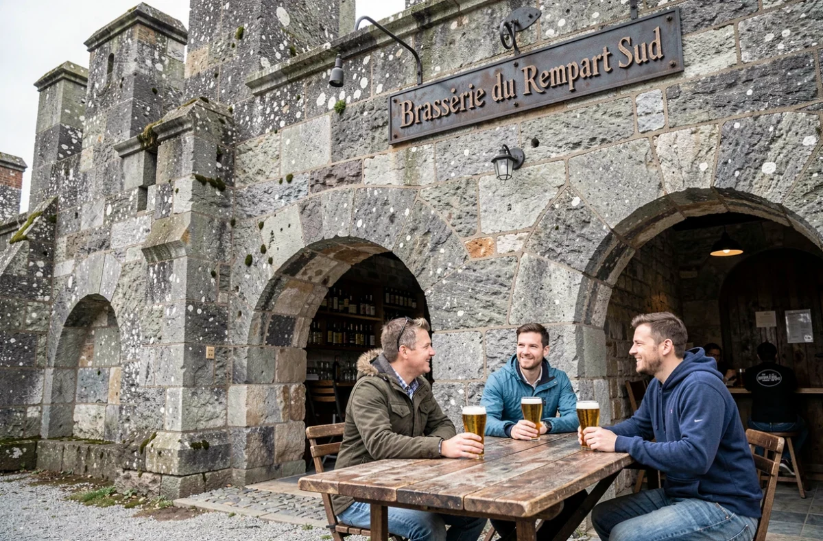 Terrasse de la Brasserie du Rempart Sud installée au pied d'un rempart médiéval en pierre avec des clients dégustant des bières