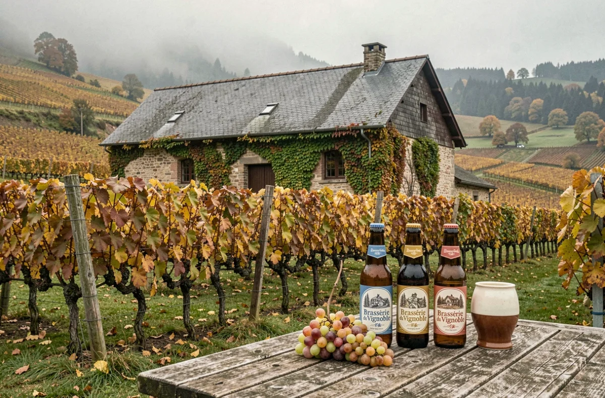 Bâtiment de la Brasserie du Vignoble entouré de vignes alsaciennes en automne avec une table de dégustation en bois à l'extérieur
