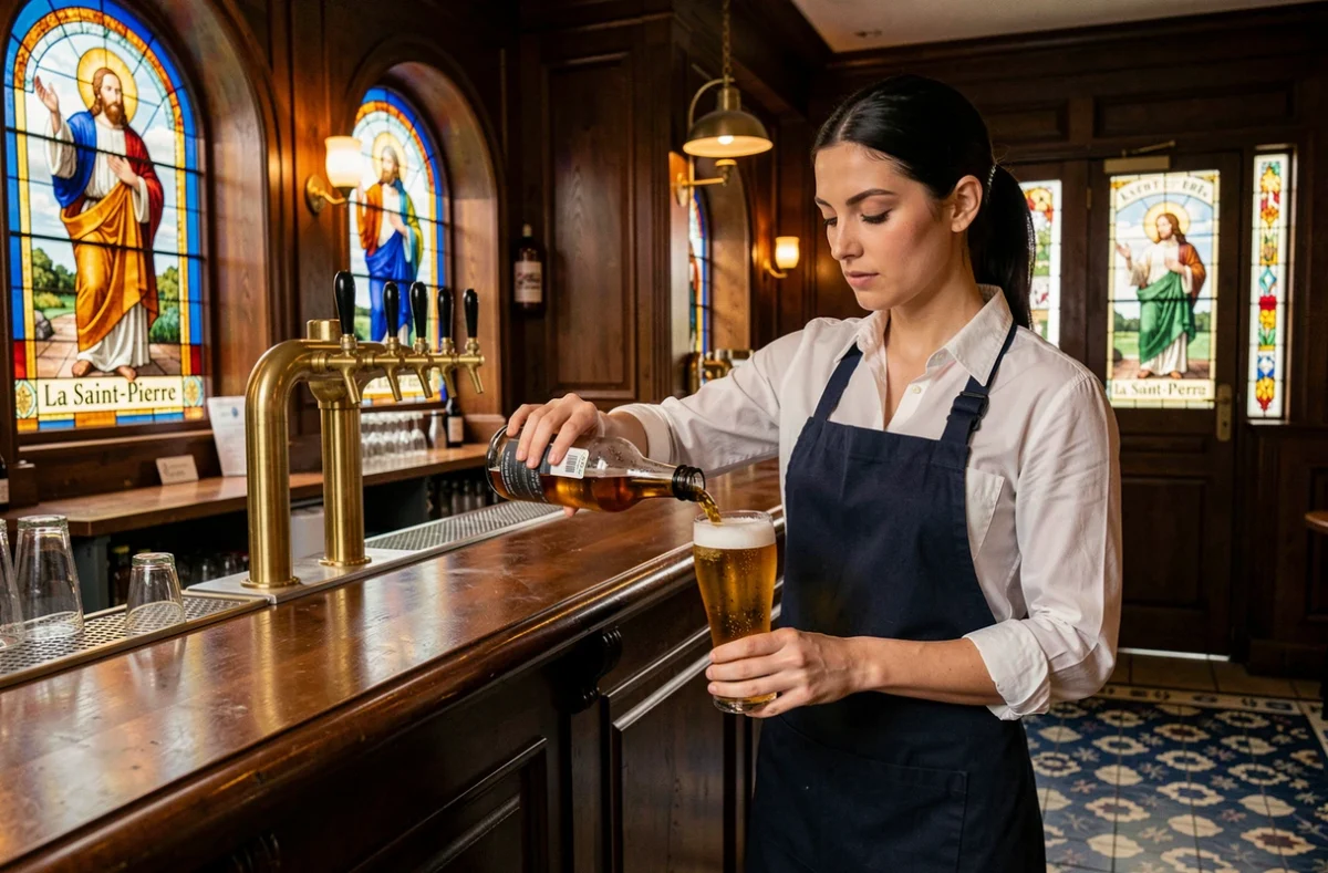 Barmaid versant une bière blanche derrière le comptoir en acajou de la Brasserie La Saint-Pierre avec vitraux représentant saint Pierre