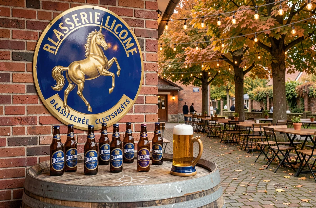 Enseigne émaillée vintage de la Brasserie Licorne avec licorne dorée sur mur en briques rouges, entourée de bouteilles de bière et d'une chope mousseuse dans un jardin en automne
