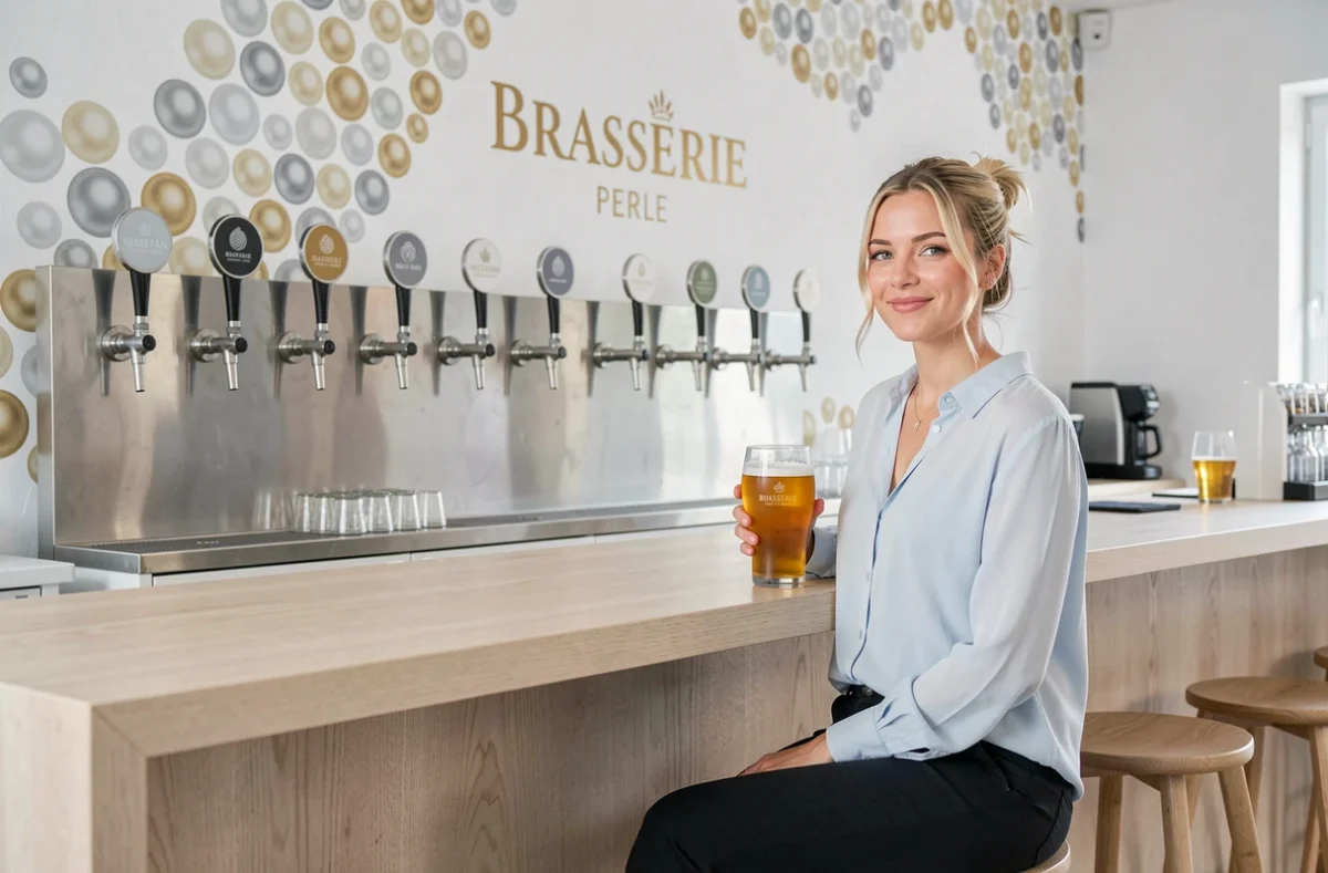 Cliente détendue dégustant une bière blonde au comptoir en bois clair de la Brasserie Perle avec mural en motif de perle dorée