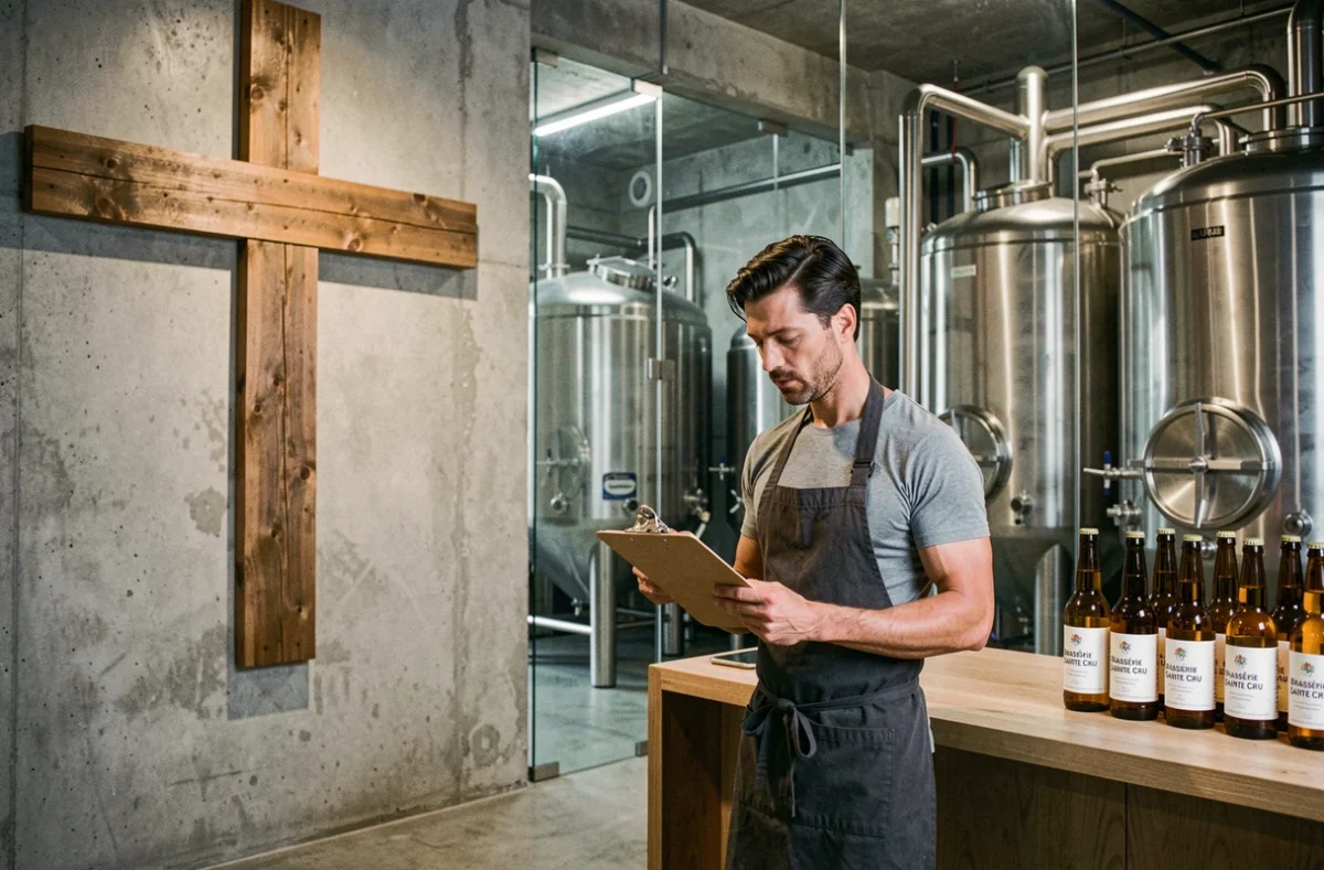 Brasseur consultant un registre devant les cuves de fermentation en acier inoxydable de la Brasserie Sainte Cru avec décor en béton et croix en bois