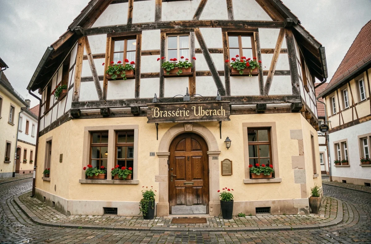 Façade traditionnelle à colombages de la Brasserie Uberach dans le village alsacien d'Uberach avec enseigne en bois peint