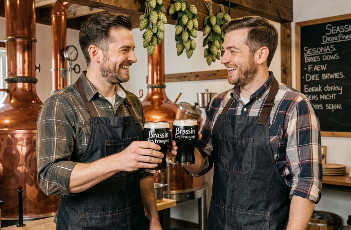Deux brasseurs souriants trinquant avec des bières brunes artisanales devant les cuves en cuivre du Brassin Des Frangins