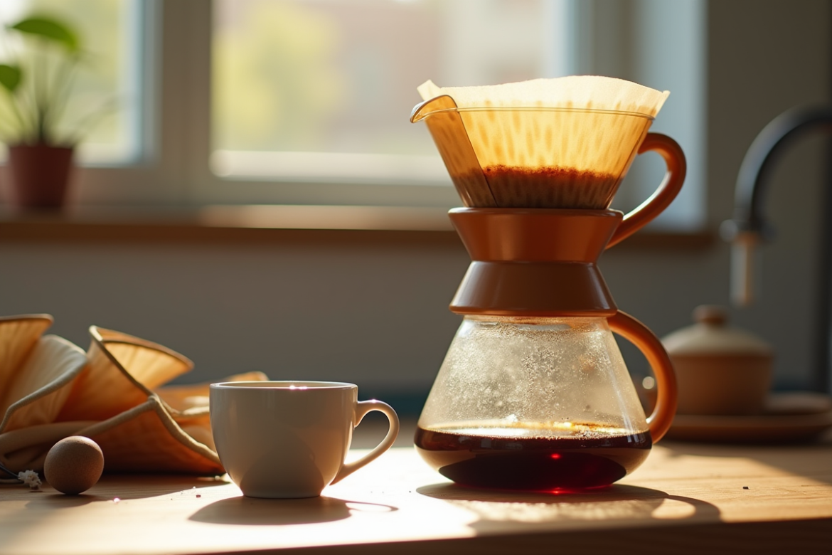 Cafetière à la matinée avec tasse et filtres sales