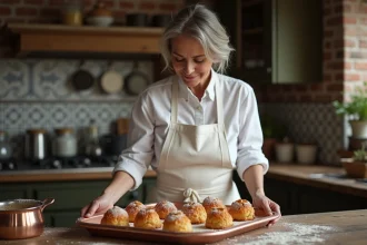 Femme française retirant des canelés du moule en cuivre dans une cuisine chaleureuse