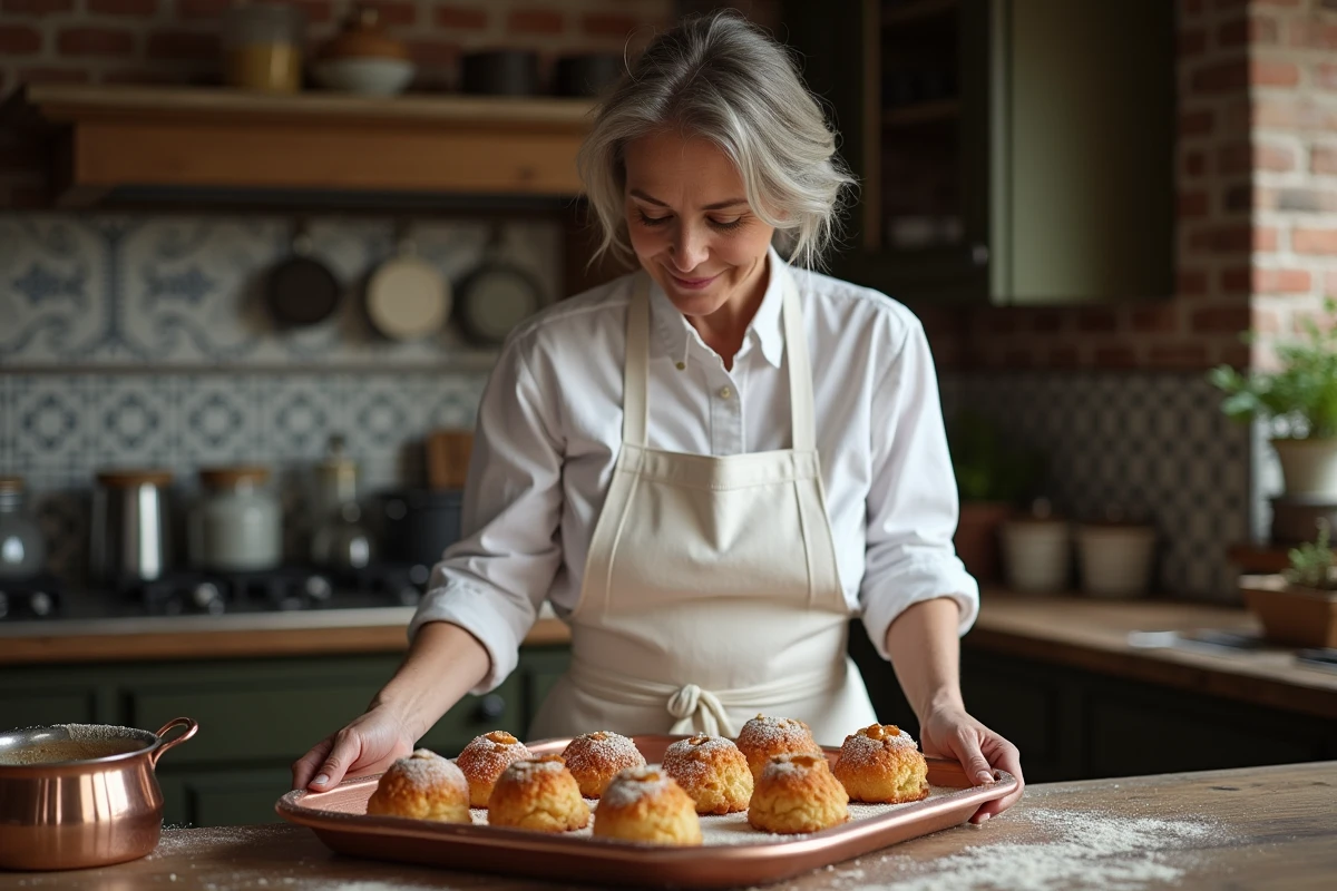 Femme française retirant des canelés du moule en cuivre dans une cuisine chaleureuse