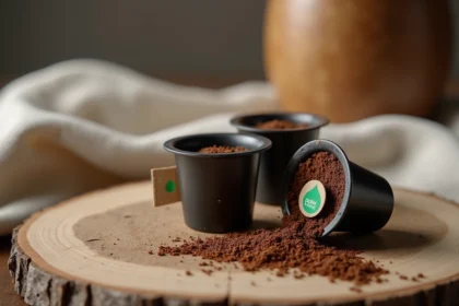 Capsules de café compatibles Nespresso biologiques posées sur une surface en bois recyclé avec étiquettes écologiques