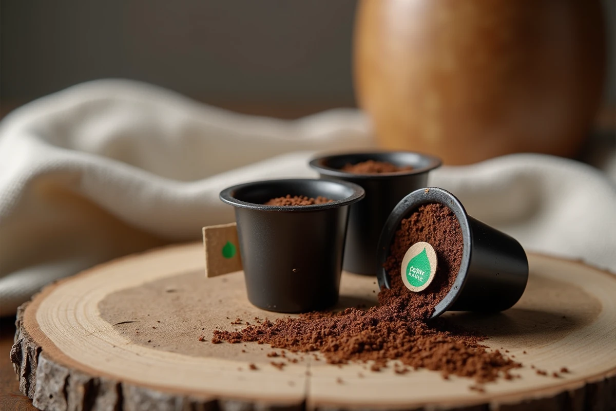 Capsules de café compatibles Nespresso biologiques posées sur une surface en bois recyclé avec étiquettes écologiques