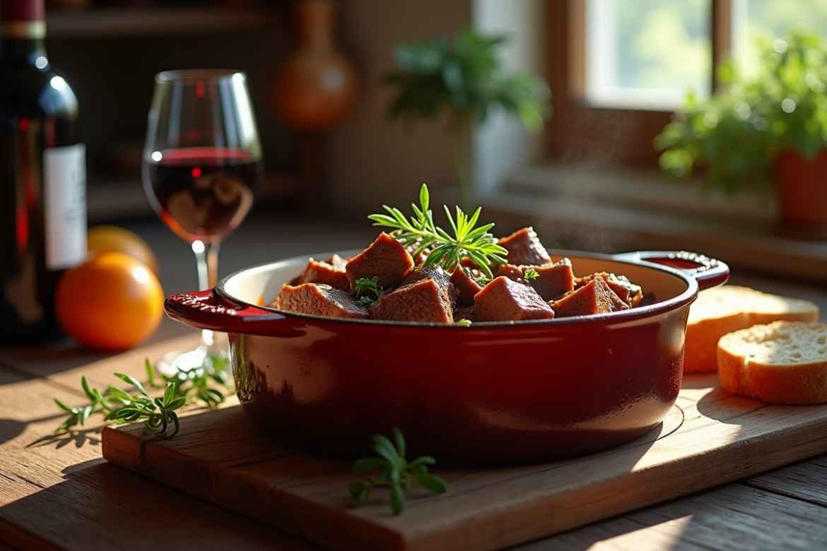 Carbonade de boeuf traditionnelle en cocotte en fonte sur une table en bois