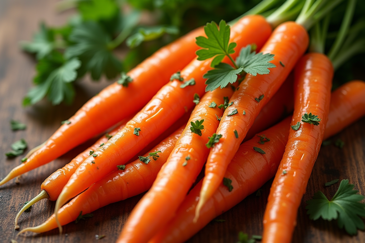Carottes Vichy fraîches avec beurre et persil sur table rustique