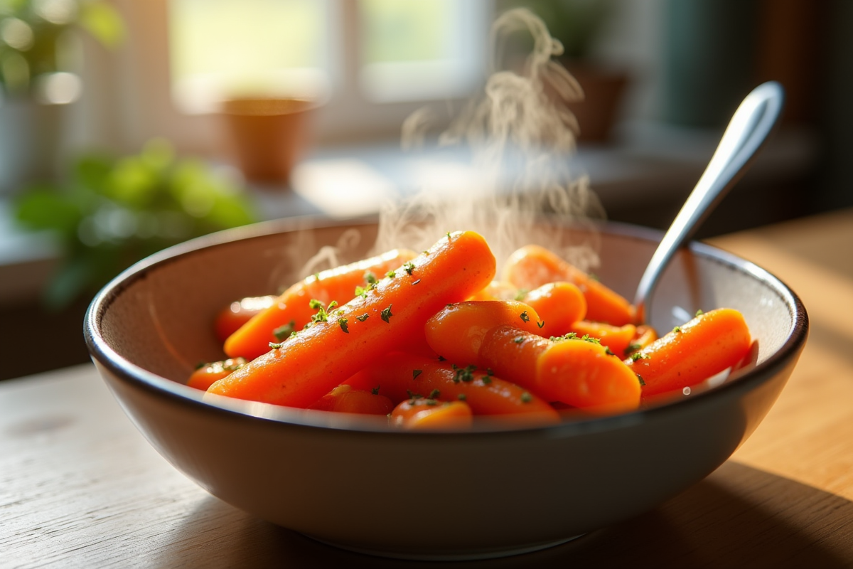 Carottes Vichy servies en bol en céramique avec cuillère en argent