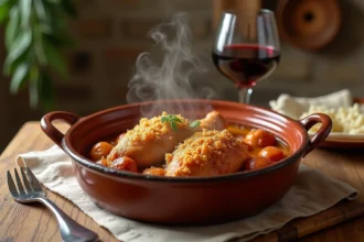 Cassoulet toulousain traditionnel servi dans une cassole en terre cuite avec confit de canard et saucisses de Toulouse, croûte dorée gratinée